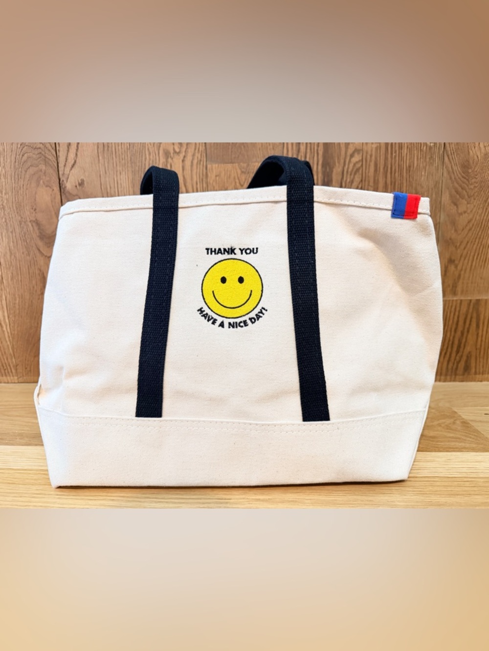 Kule Canvas Tote Bag with Yellow Smiley and Black Straps NWT